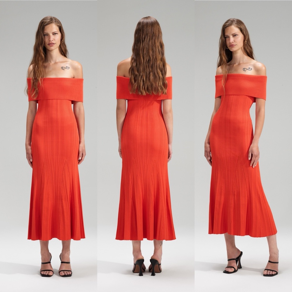 NWT Self-Portrait Off-The-Shoulder Ribbed-Knit Midi Dress Size Small